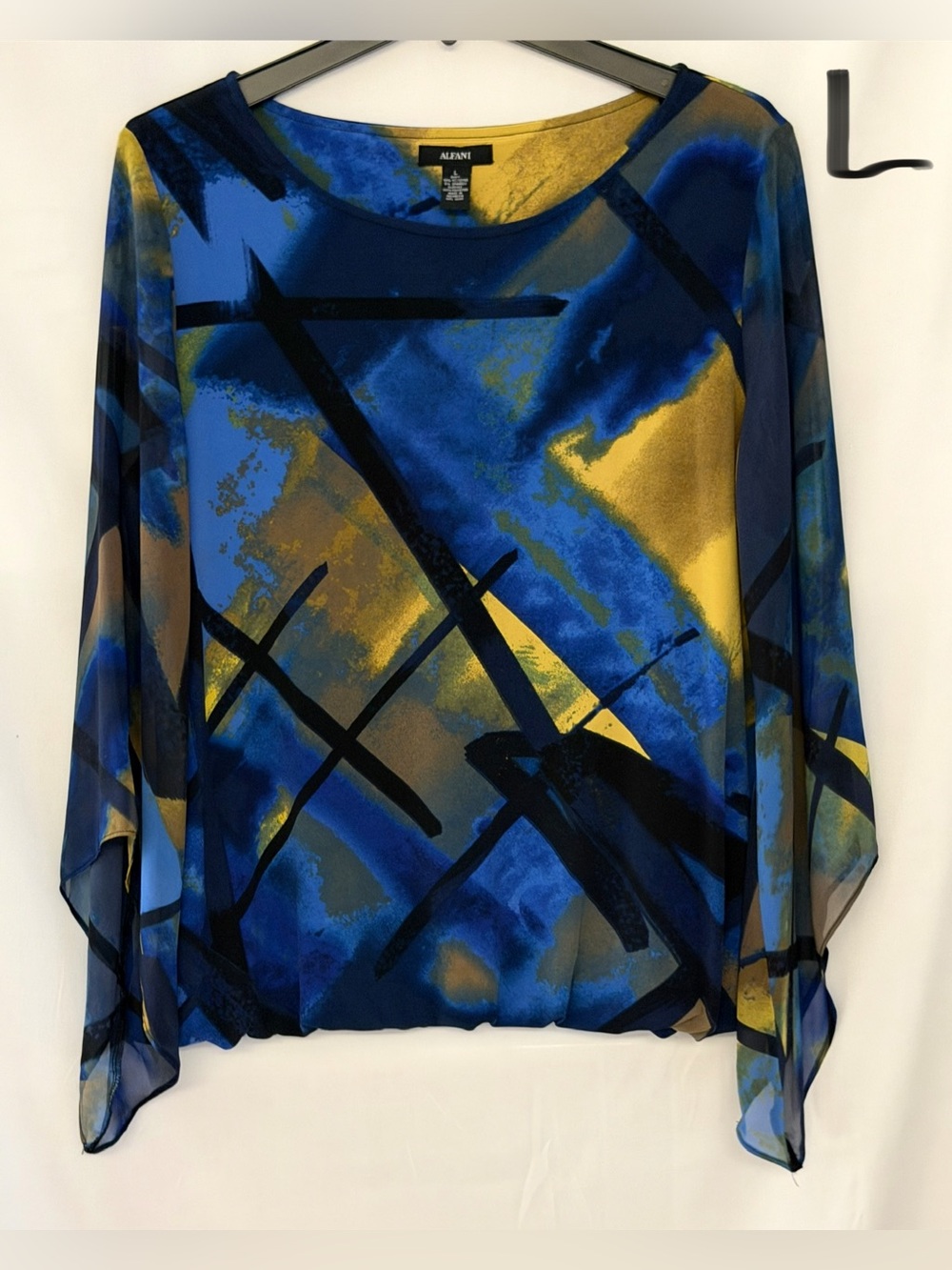 Alfani Blue, Gold & Black Abstract Sheer Blouson Tunic